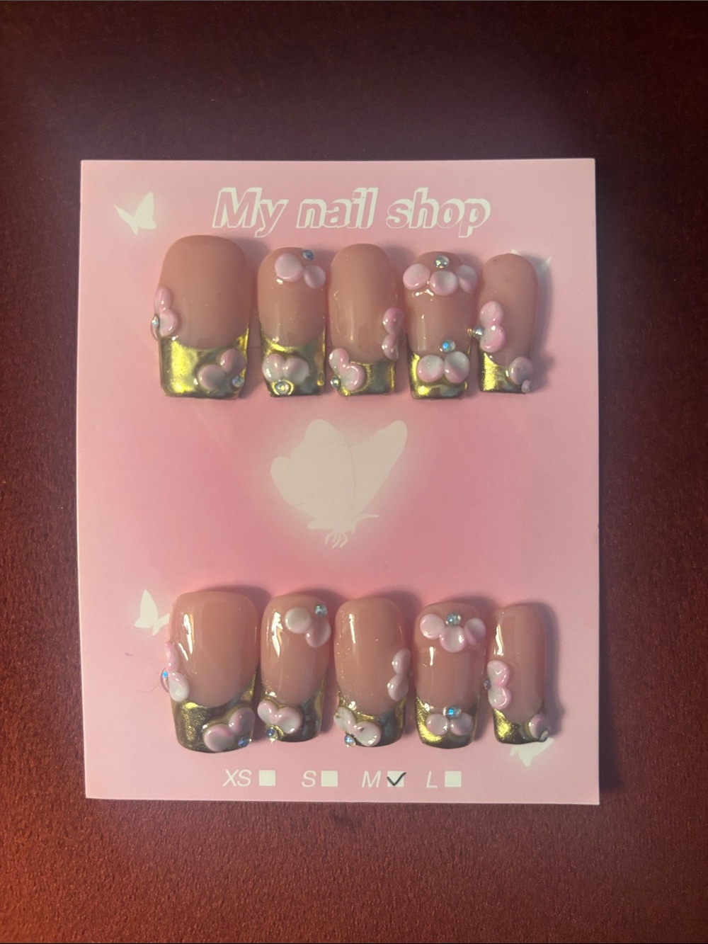 Pink Floral Gold-Tip Press-On Nails for Kids